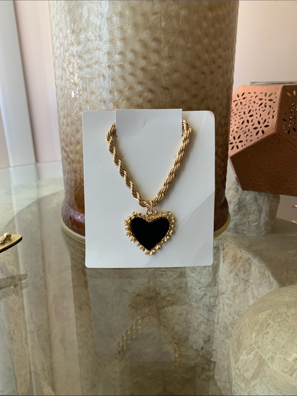 Gold Rope Chain Necklace with Black Heart Pendant